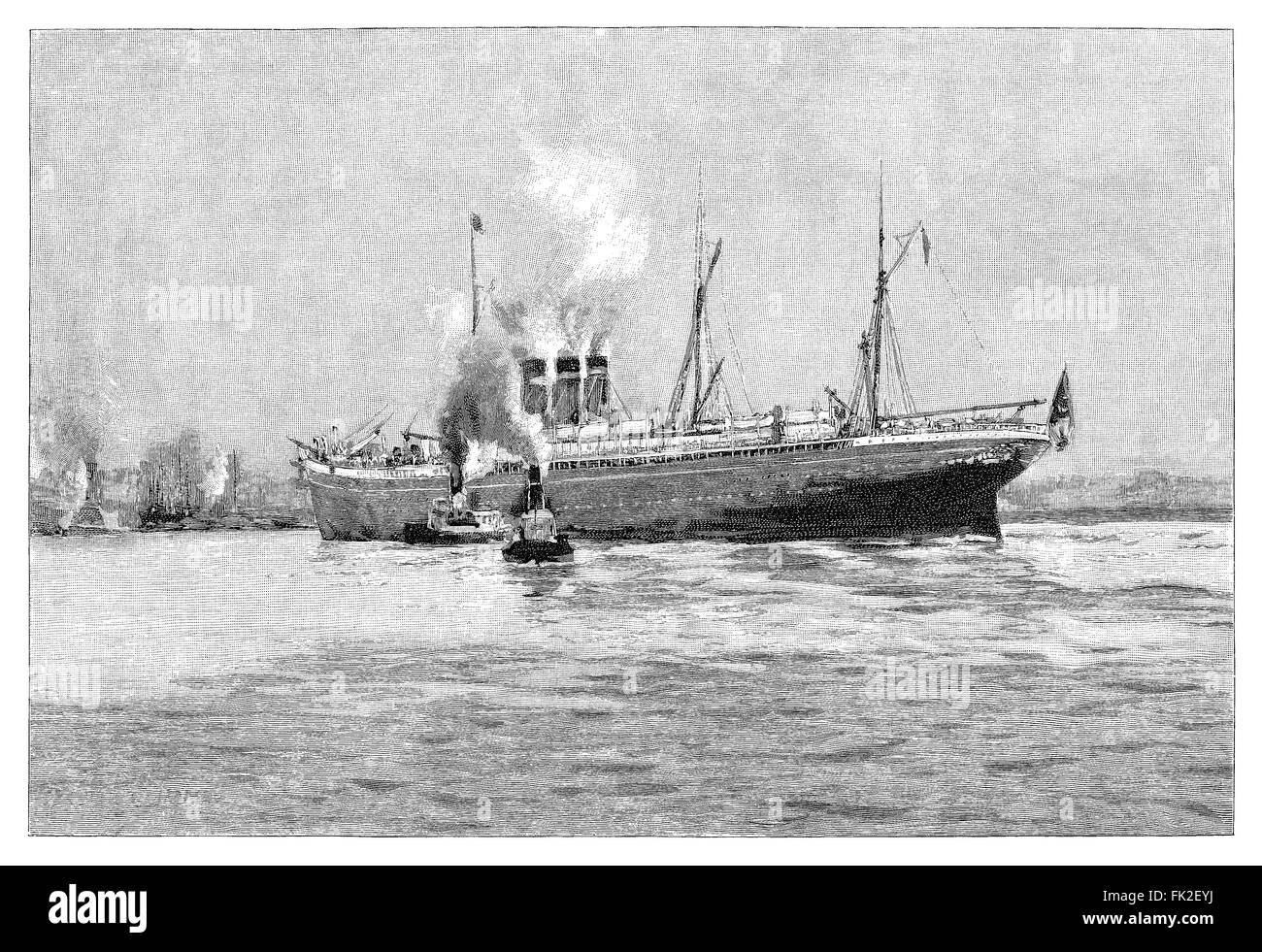 Gravure en noir et blanc de l'Inman Line paquebot S.S. Ville de Paris avec les remorqueurs. Banque D'Images