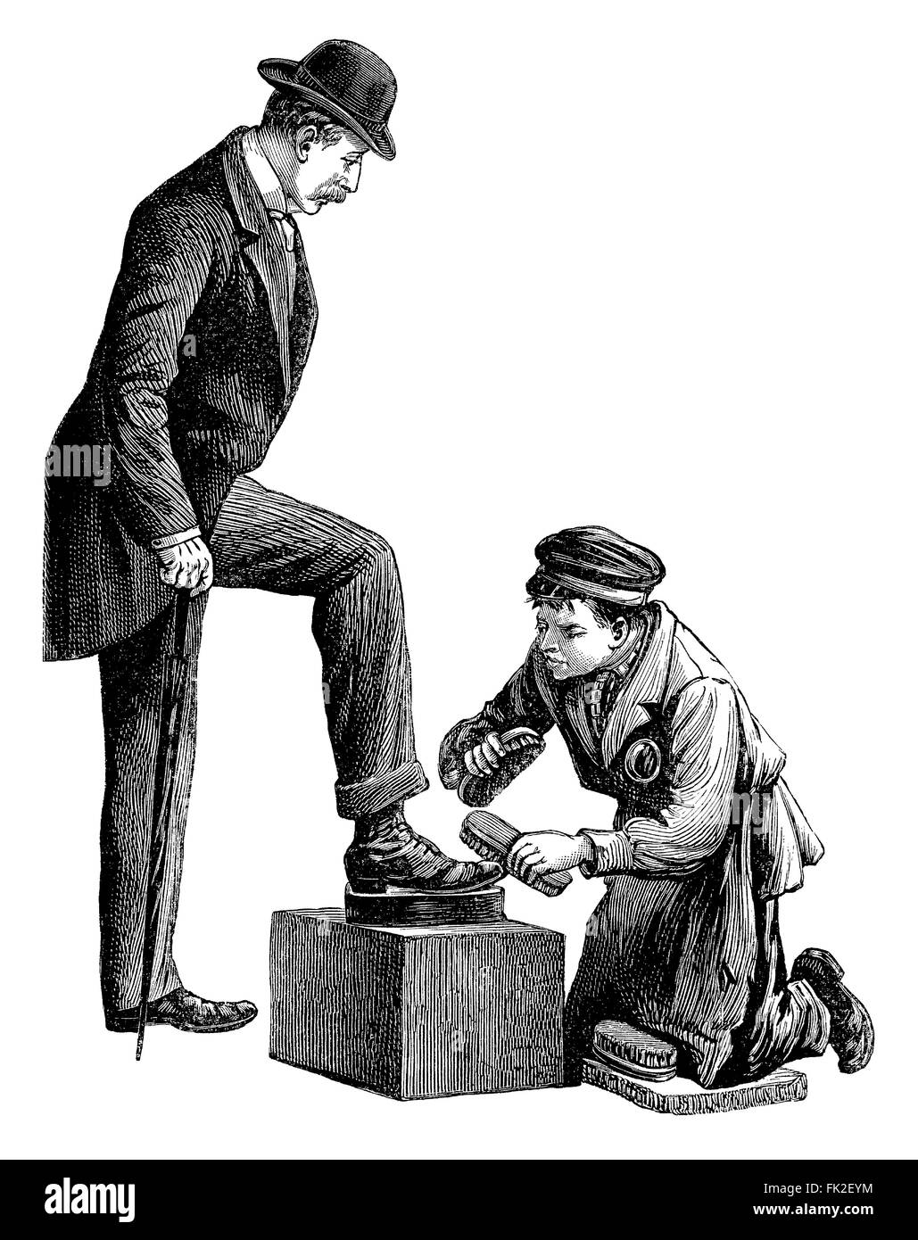 Gravure en noir et blanc d'un cireur de chaussures de garçon le polissage un monsieur en chapeau melon. Banque D'Images