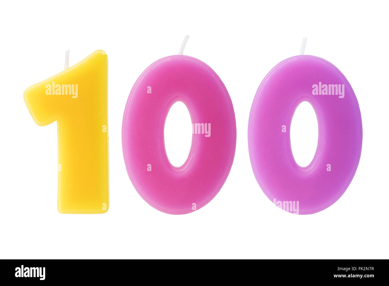 Bougies d'anniversaire colorée sous la forme du nombre 100 sur fond blanc Banque D'Images