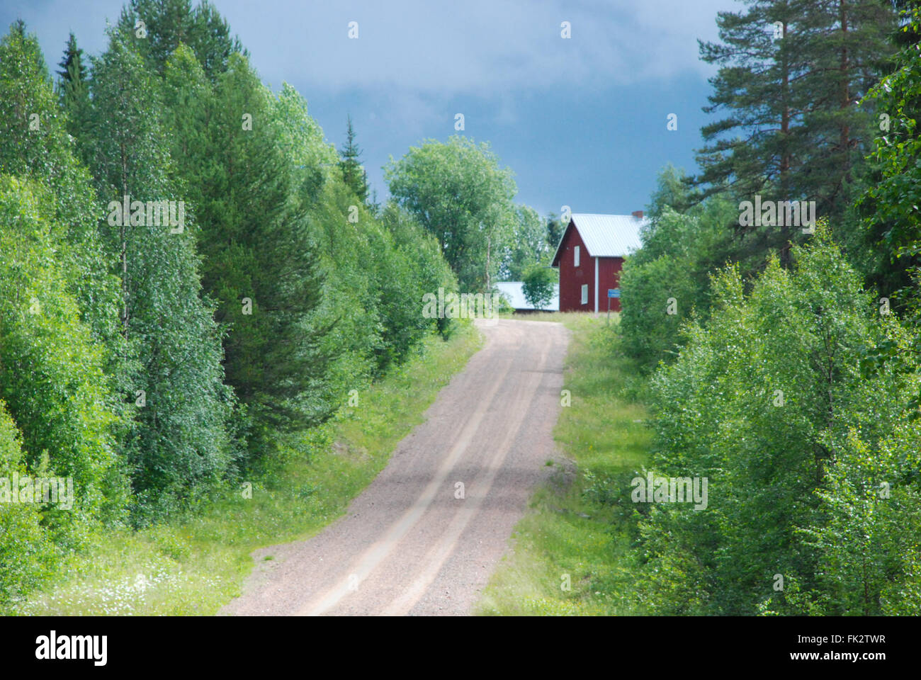 Country lane paysage dans la taïga à l'est de la Finlande avec maison rouge en haut de la colline Banque D'Images