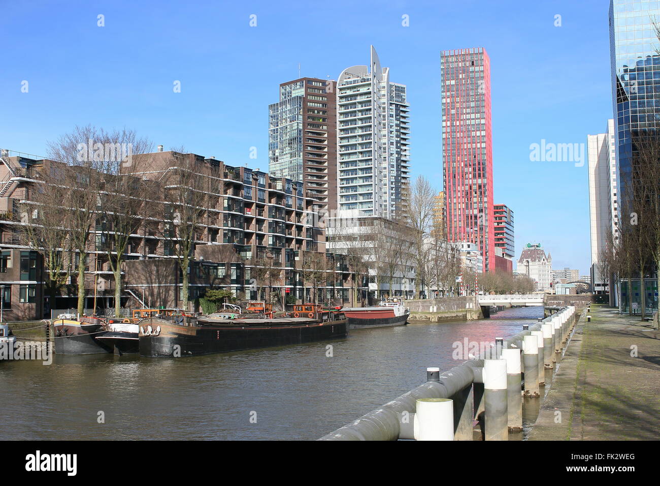 À l'horizon, Wijnhaven centre de Rotterdam, Pays-Bas. Gratte-ciel résidentiel Red Apple (KCAP Architects & Planners, 2009) Banque D'Images