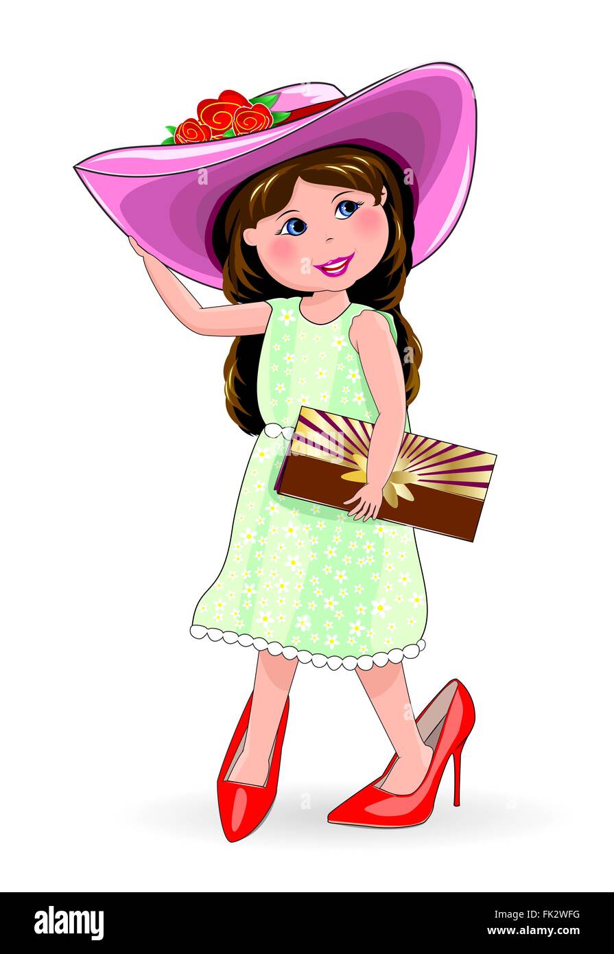 Fille dans les chaussures et les ladies' hat. Little fashion-girl Illustration de Vecteur