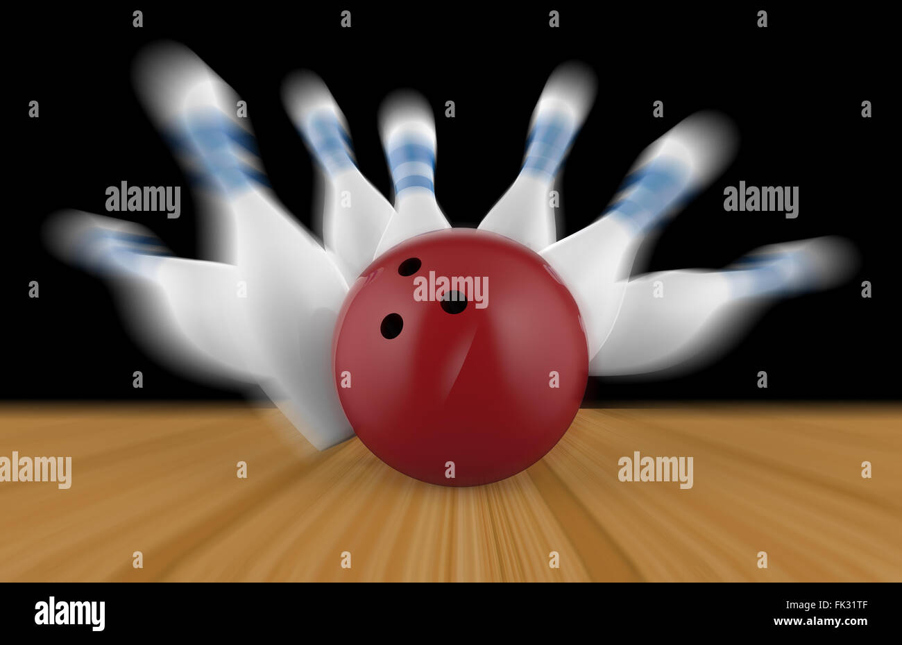 Boule de bowling et de quilles éparpillés sur un sol en bois Photo Stock -  Alamy