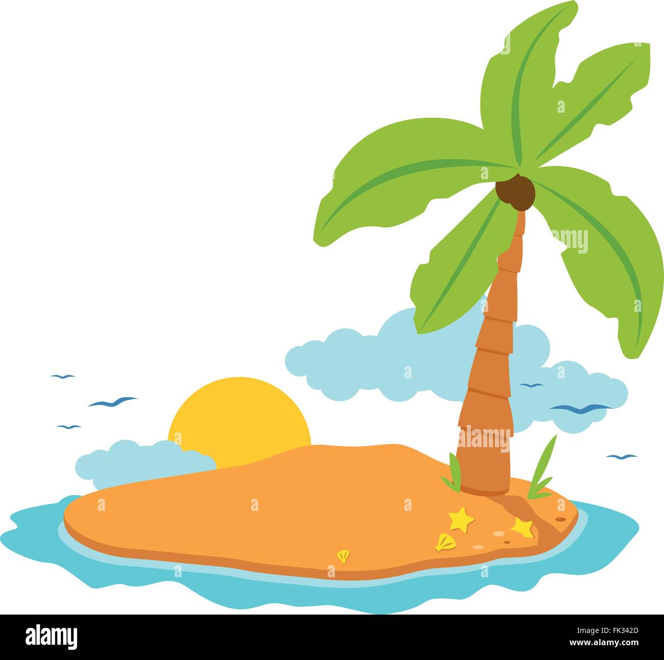 Une île déserte avec un palmier cocotier, soleil et mer. Illustration de Vecteur