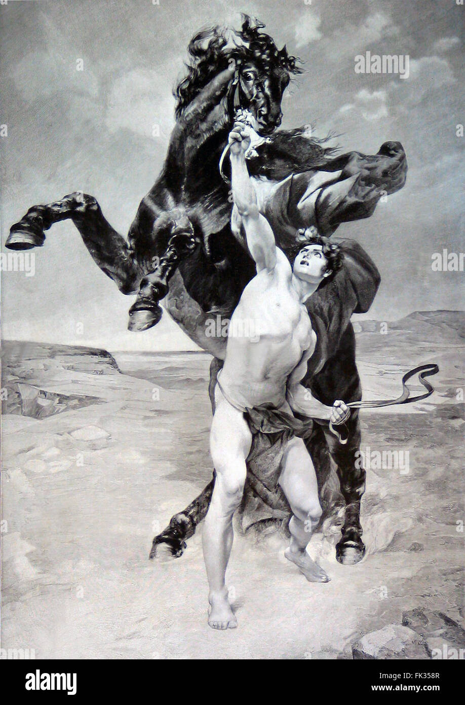 Gravure d'Alexandre le Grand apprivoiser le cheval Bucephalus D'après un dessin de F. Schommer à la fin du xixe siècle. Image du domaine public en vertu de l'âge. Bucephalus ou Bucephalas était le cheval d'Alexandre le Grand, et l'un des plus célèbres chevaux réels de l'antiquité. Banque D'Images