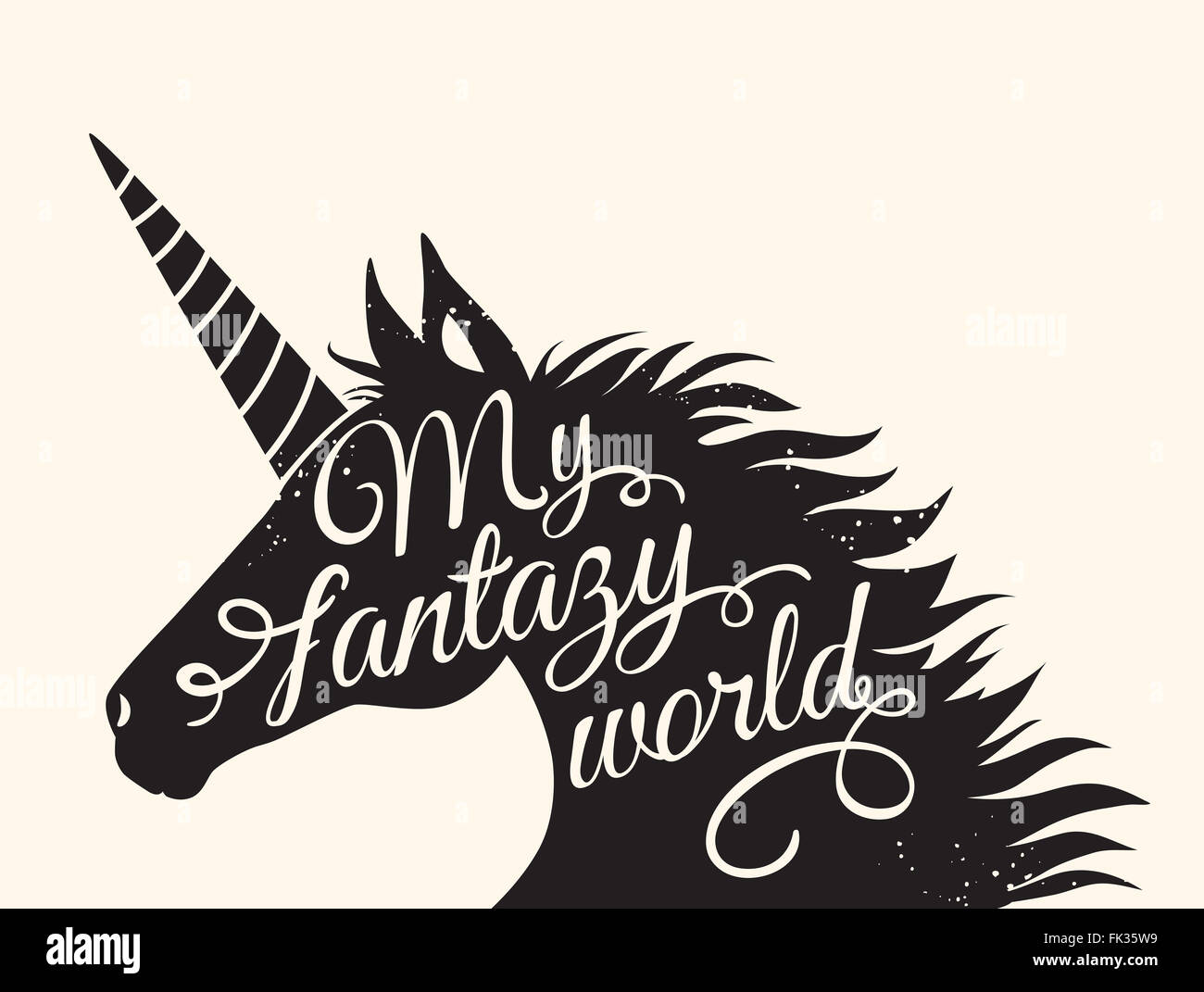 Silhouette d'une licorne avec l'inscription "mon monde de fantaisie". Banque D'Images