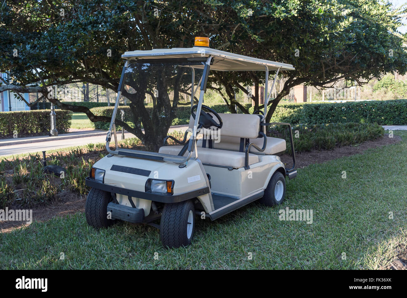 Voiturette de golf vide en stationnement sur l'herbe Banque D'Images