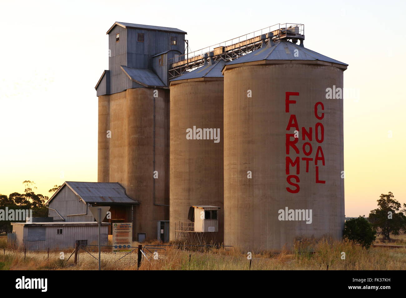 Les silos à grains sur les plaines de Liverpool, NSW, Australie. Les silos n'ont pas 'fermes' peint sur du charbon. Banque D'Images