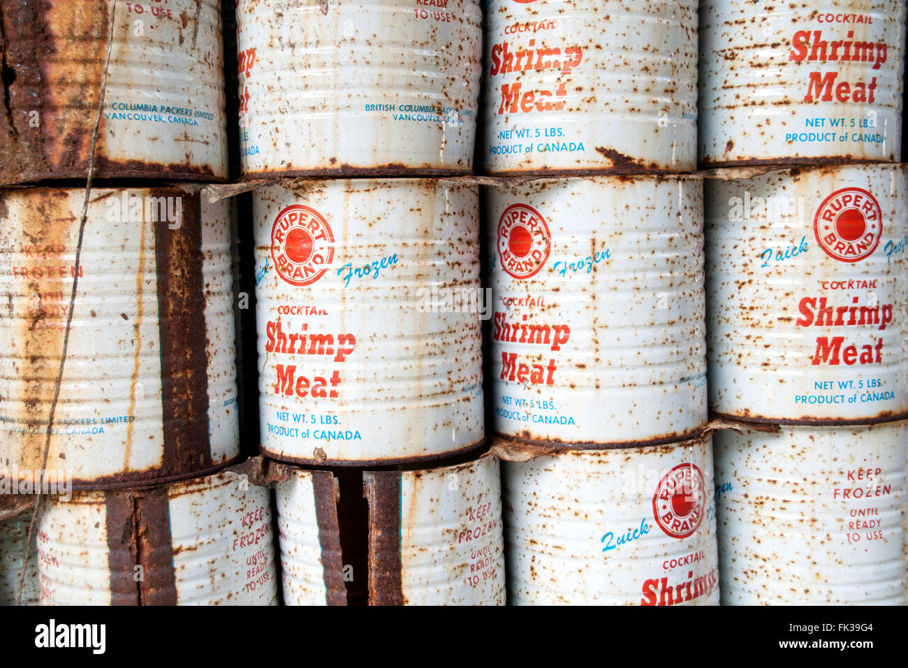 Boîtes rouillées de chair de crevettes à la conserverie de poisson abandonnés ville de Namu, dans la forêt du Grand Ours, en Colombie-Britannique, Canada. Banque D'Images