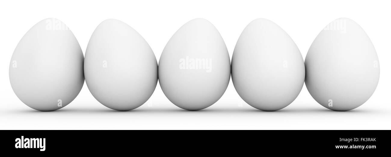 Ligne de cinq œufs blancs à blanc Banque D'Images