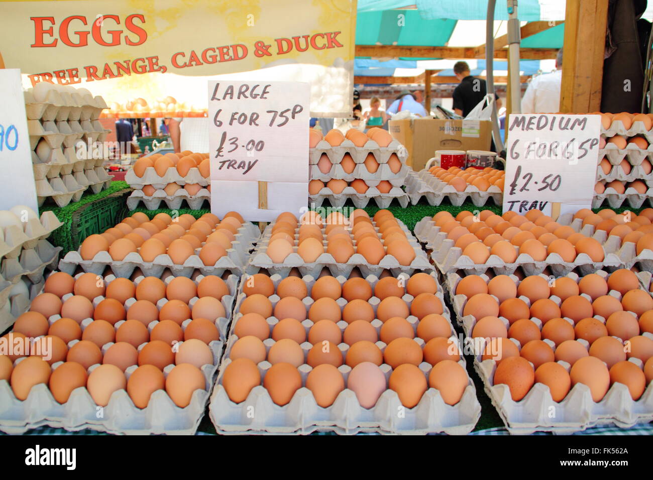 Des plateaux d'œufs de poulet fermier en vente sur un marché alimentaire britannique, England UK Banque D'Images