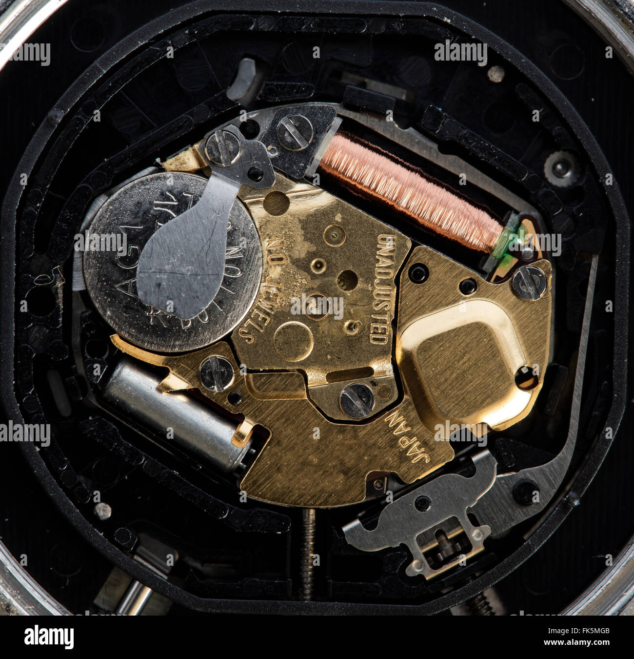 Mécanisme de quartz watch, batterie, bobine, la haute résolution et les détails Banque D'Images