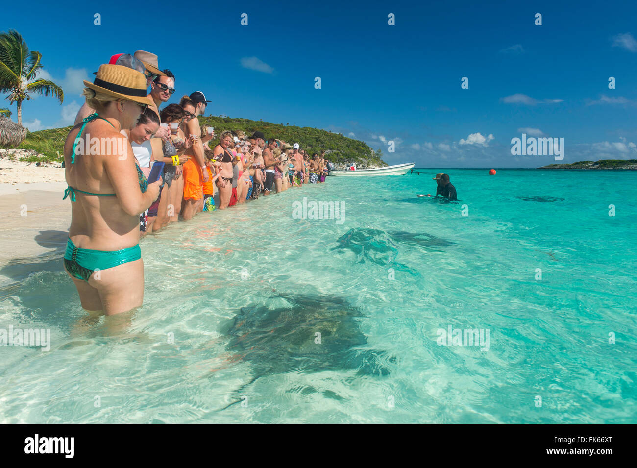 Les touristes debout sur une plage de sable blanc avec des rayons à nager dans les eaux turquoise, Exuma, Bahamas, Antilles, Caraïbes Banque D'Images
