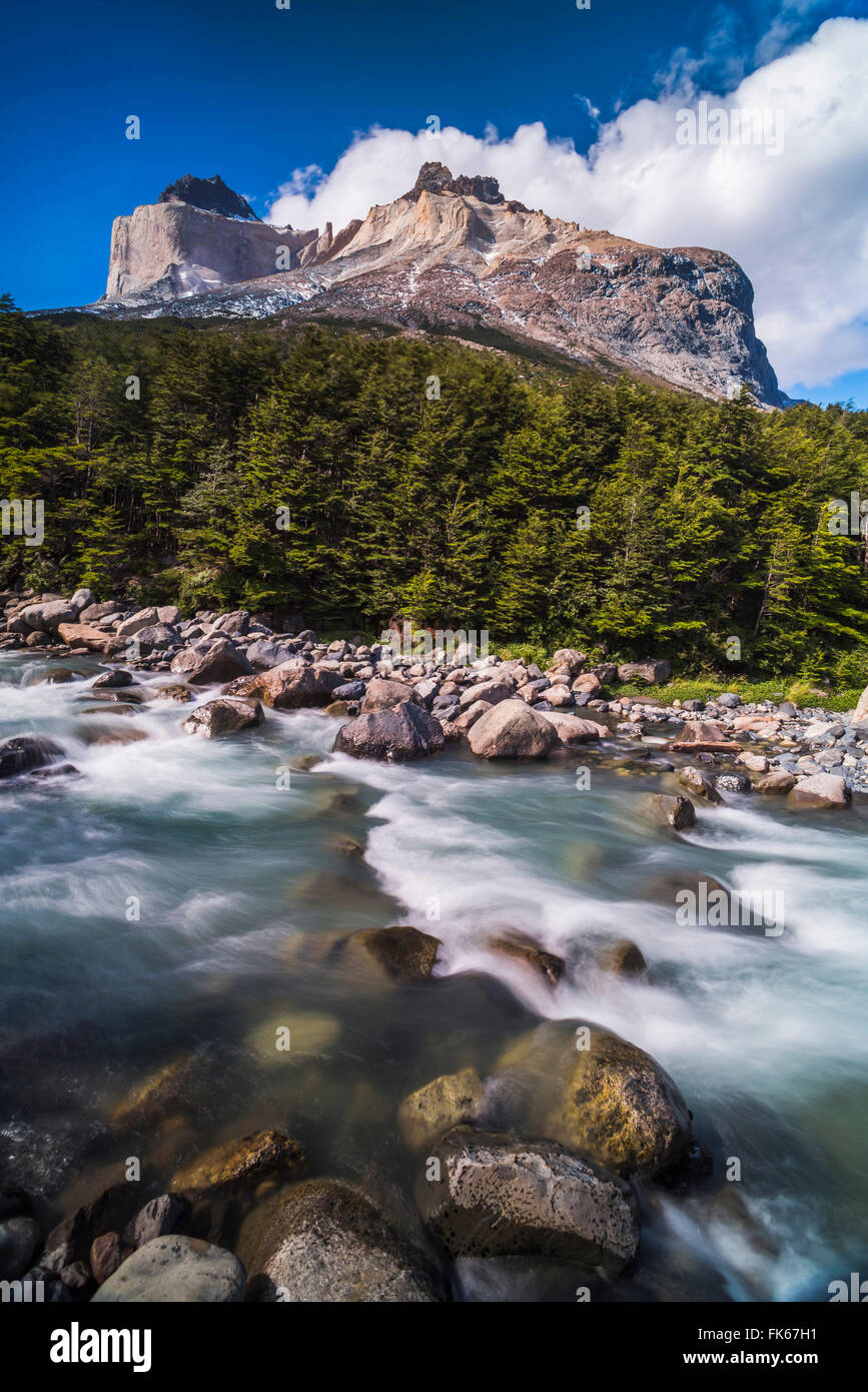 Montagnes Los Cuernos et Rio Frances, Vallée française, Parc National Torres del Paine, Patagonie, Chili, Amérique du Sud Banque D'Images