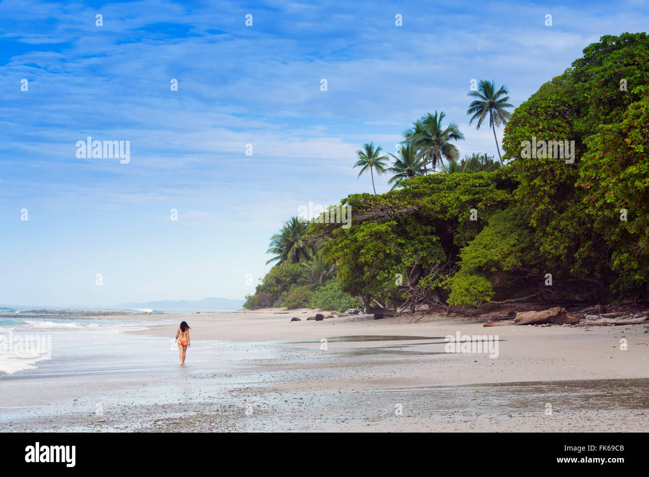 Une jeune femme marchant le long de la plage de Manzanillo à Santa Teresa, Péninsule de Nicoya, Puntarenas, Costa Rica, Amérique Centrale Banque D'Images