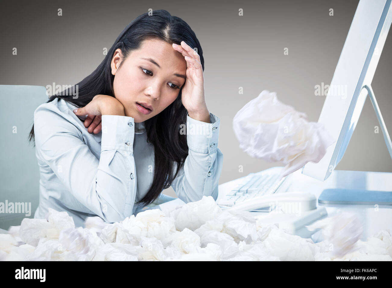 Composite image of businesswoman with hands on face Banque D'Images