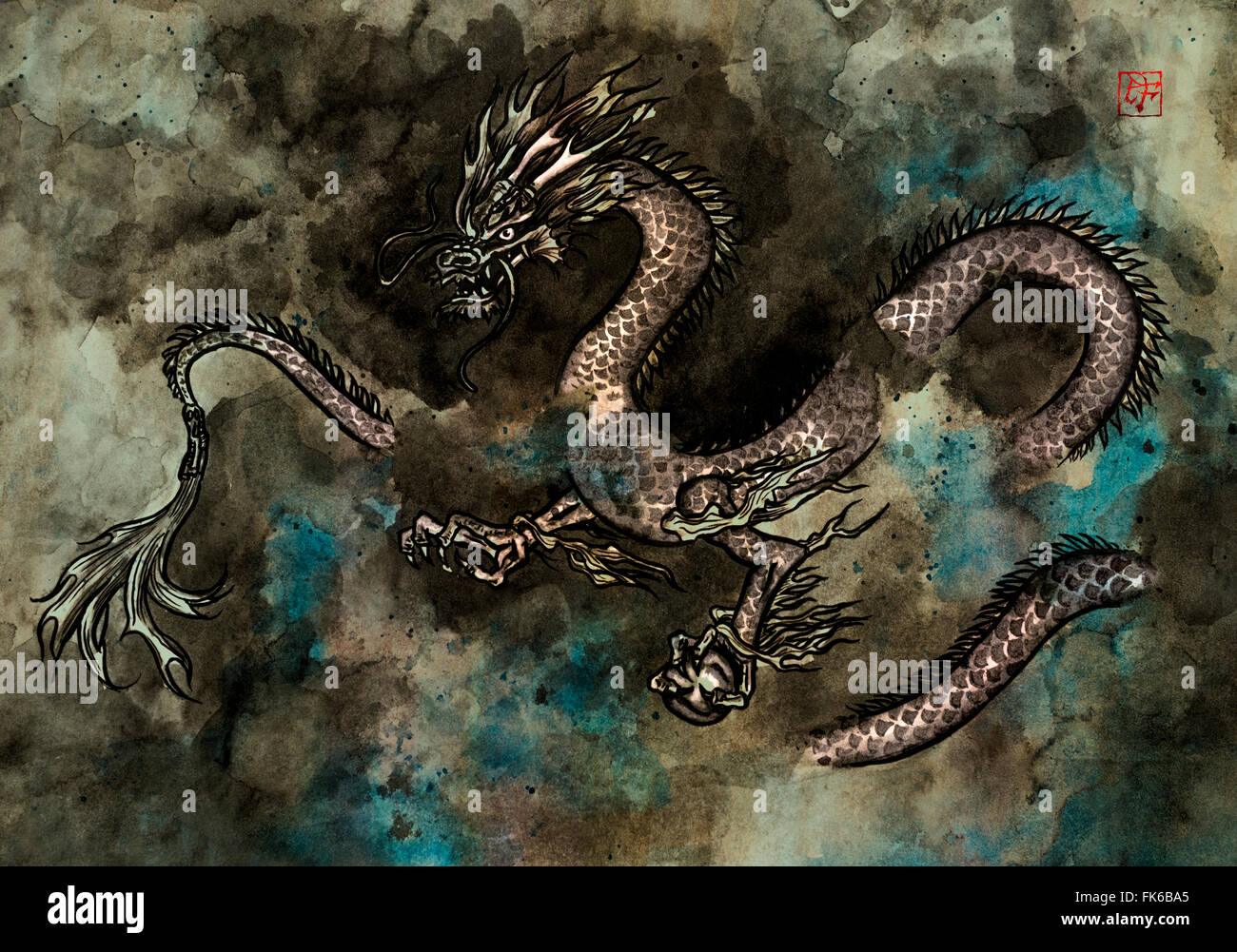 La peinture traditionnelle à l'encre d'un féroce dragon chinois Banque D'Images