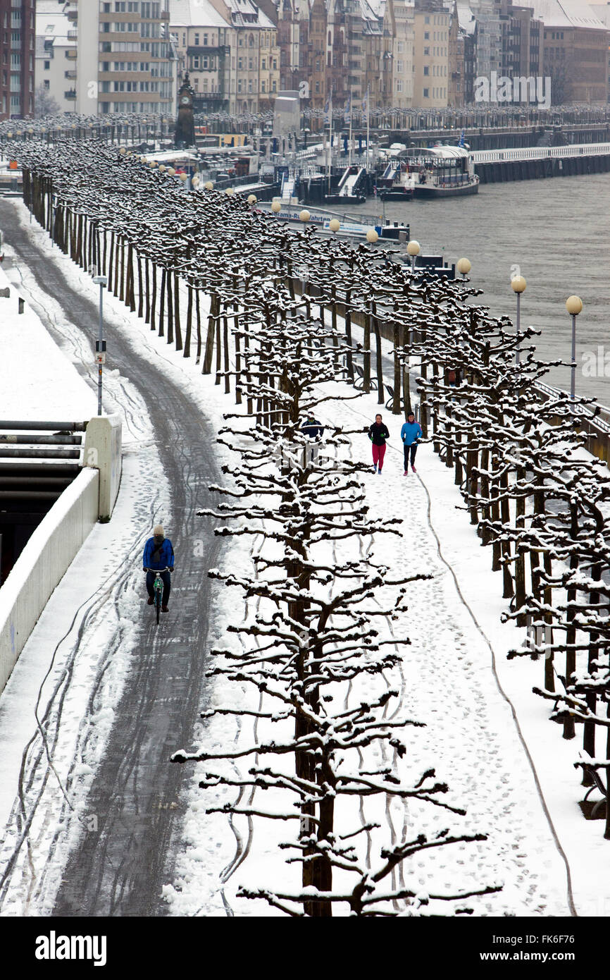 Rheinuferpromenade à Düsseldorf en hiver avec la neige. La Rhénanie du Nord-Westphalie, Allemagne Banque D'Images
