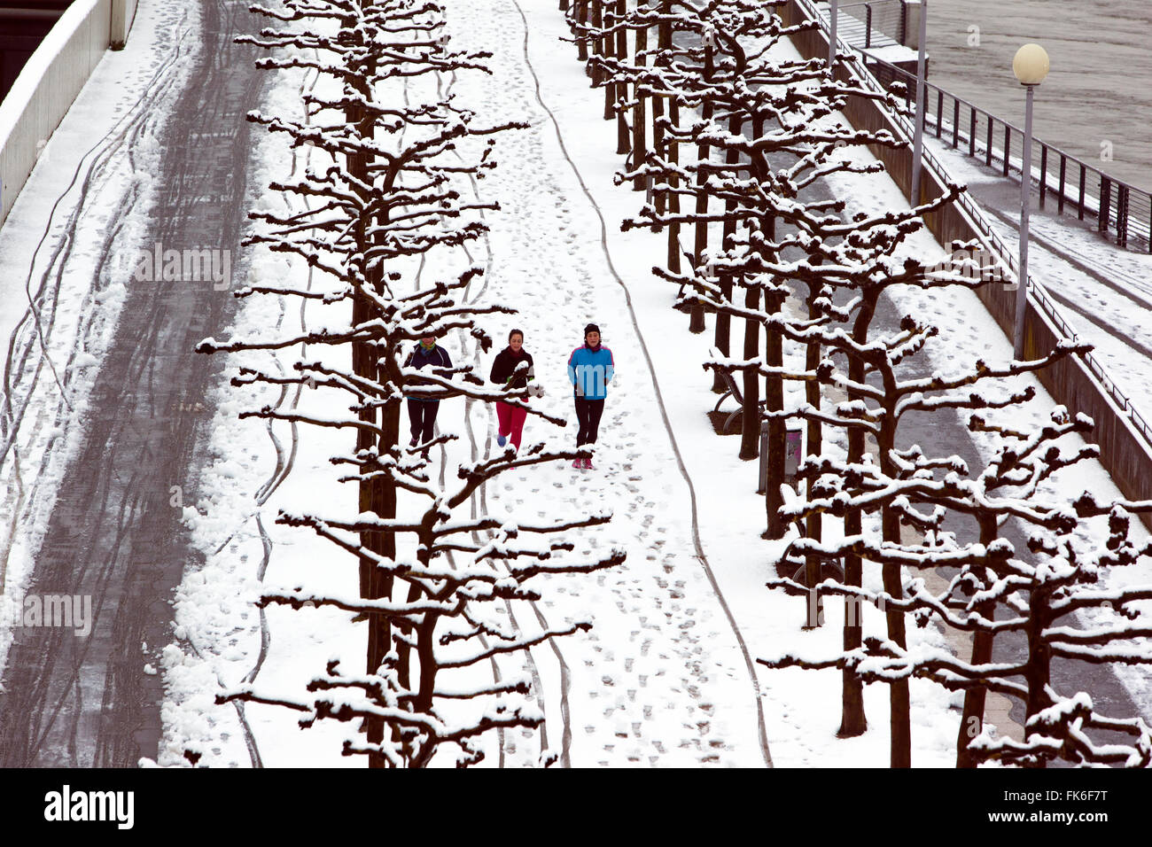 Rheinuferpromenade à Düsseldorf en hiver avec la neige. La Rhénanie du Nord-Westphalie, Allemagne Banque D'Images