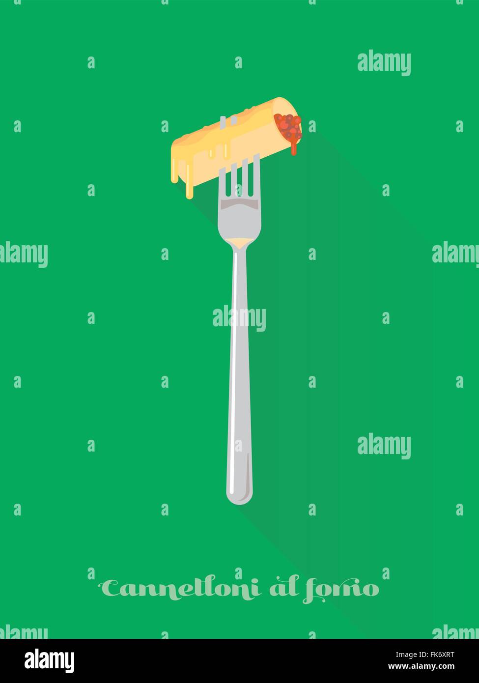 Modèle plat long shadow vector illustration d'une croûte au fromage pâtes cannelloni sur une fourchette Illustration de Vecteur
