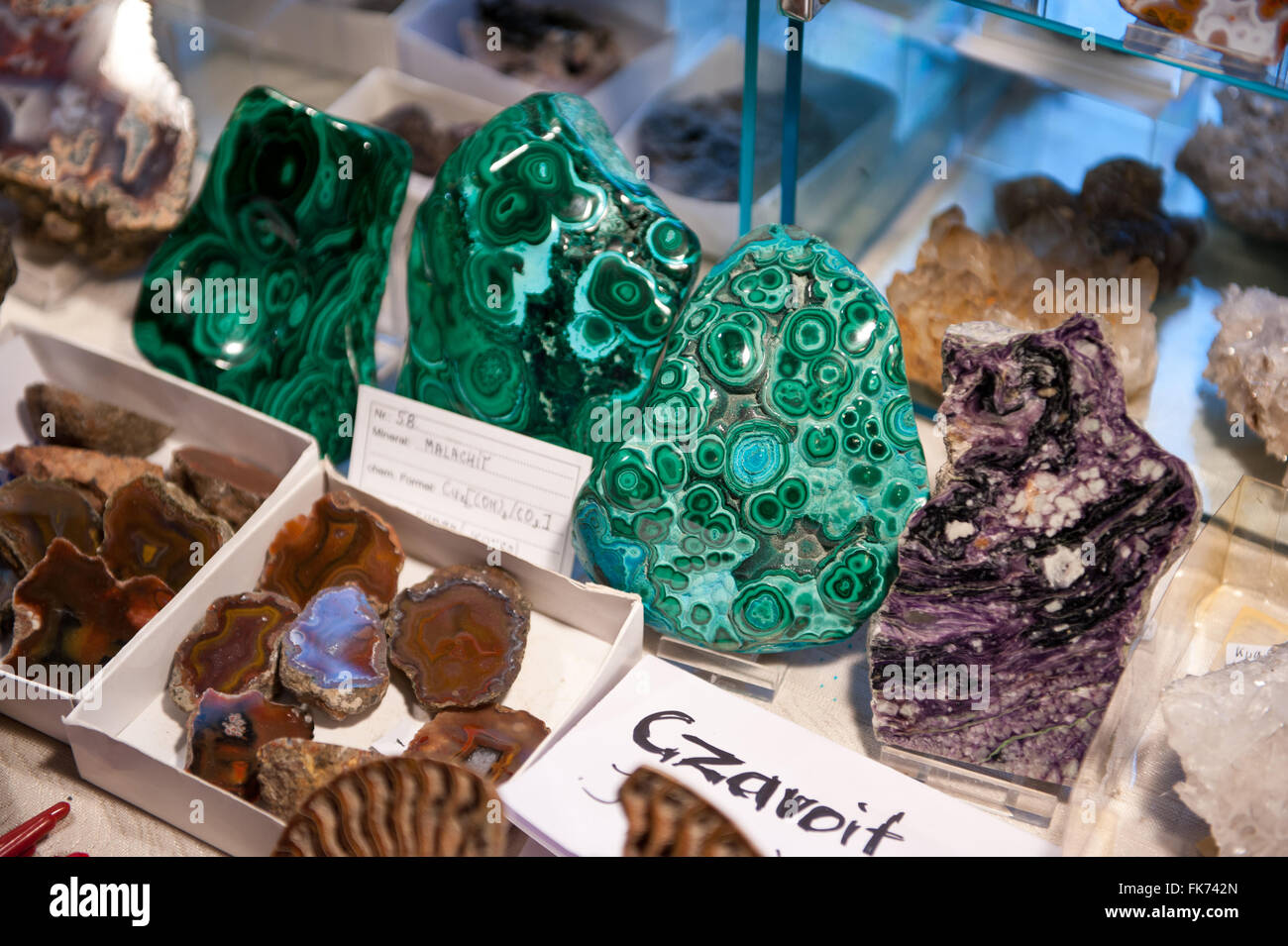 Pierres précieuses Minéraux malachite verte à Varsovie minéral Expo fair 2016, 5e édition, mars VI événement dans le Palace PKiN, Pologne Banque D'Images