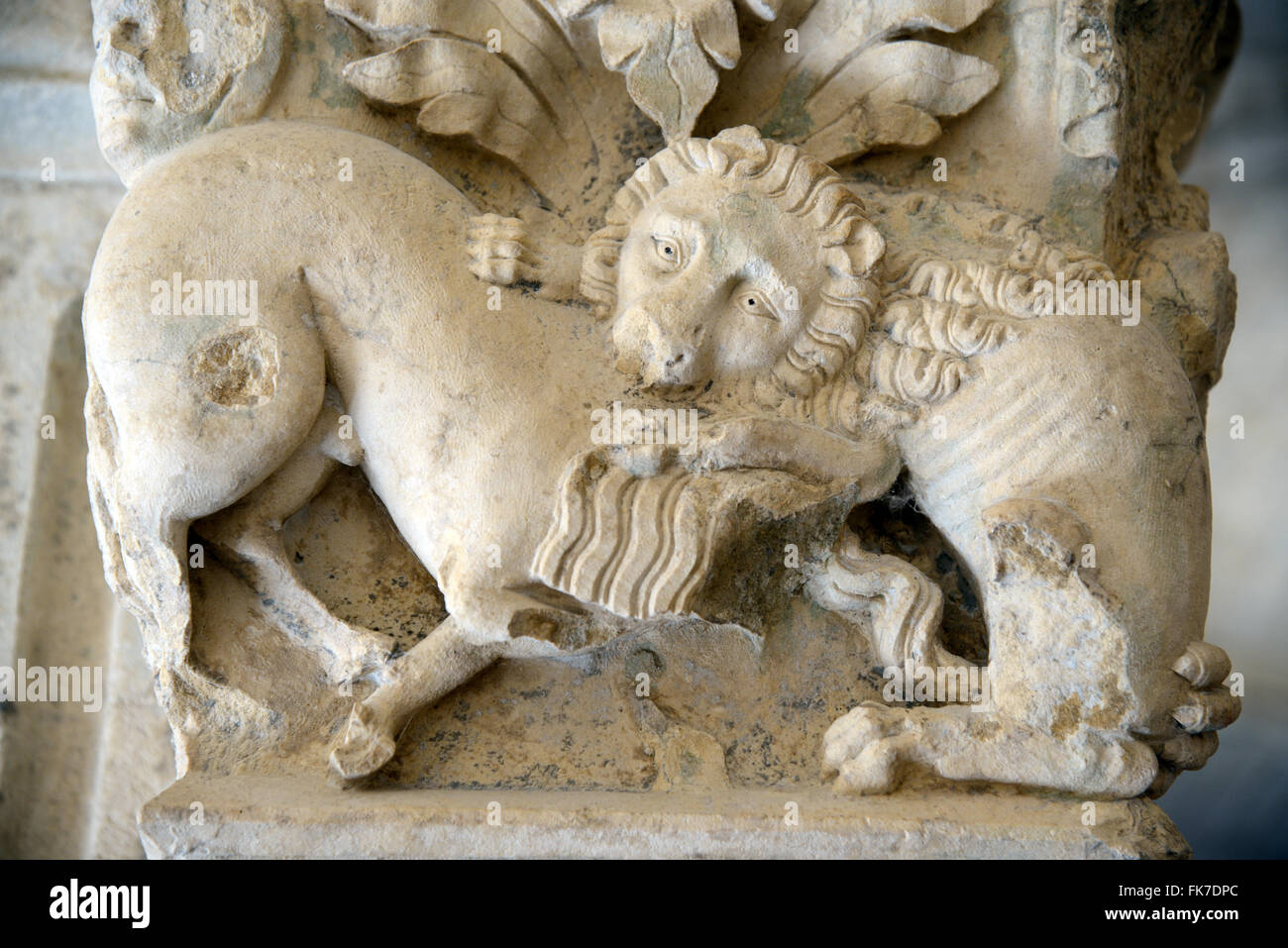 Lutte entre le Lion et le Taureau (c12e) sculpture romane cloîtres abbaye de Montmajour, près de Arles Provence France Banque D'Images