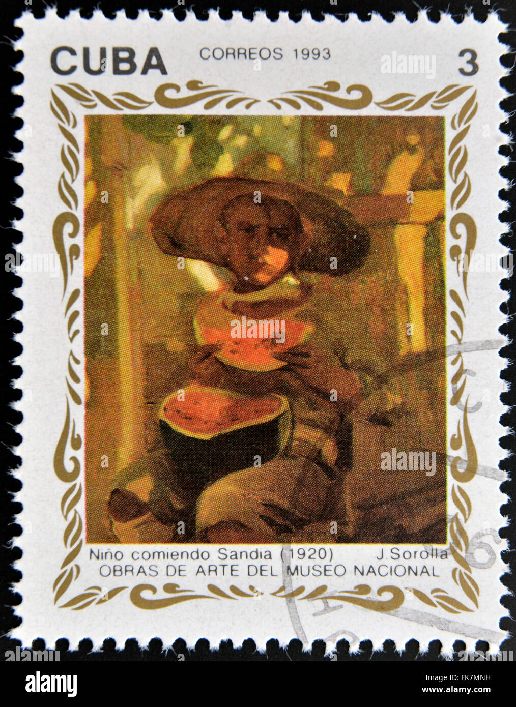 CUBA - circa 1993 : timbre imprimé en Cuba présente le travail de l'enfant 'eating watermelon (1920) par Joaquin Sorolla, circa 1993 Banque D'Images
