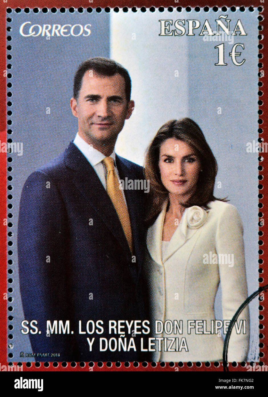 Espagne - circa 2014 : timbre imprimé en Espagne montre le roi d'espagne, Felipe VI et son épouse la reine letizia, vers 2014 Banque D'Images