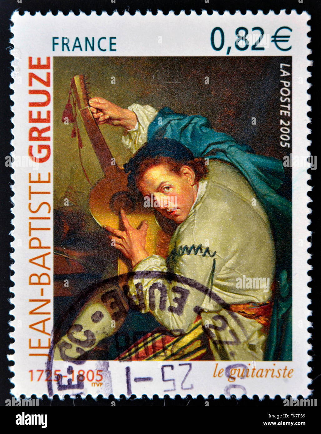 FRANCE - circa 2005 : timbre imprimé en France montre photo le guitariste (le guitariste) par l'artiste français Jean-Baptiste Greuze Banque D'Images