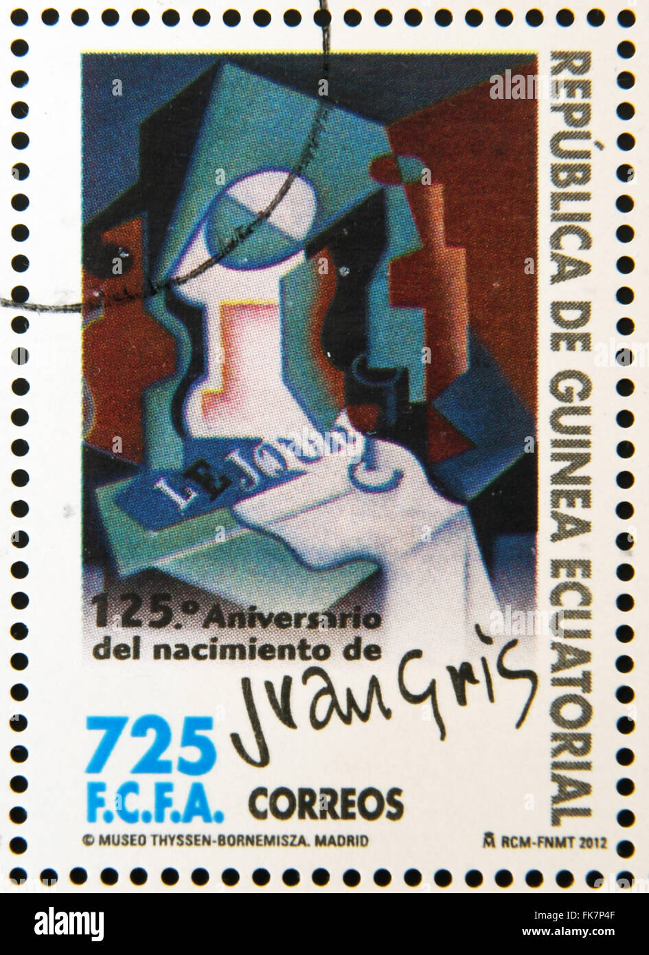 Guinée Équatoriale - circa 2012 : timbre imprimé en Guinée dédié au 125e anniversaire de la naissance de Juan Gris, bouteille montre Banque D'Images