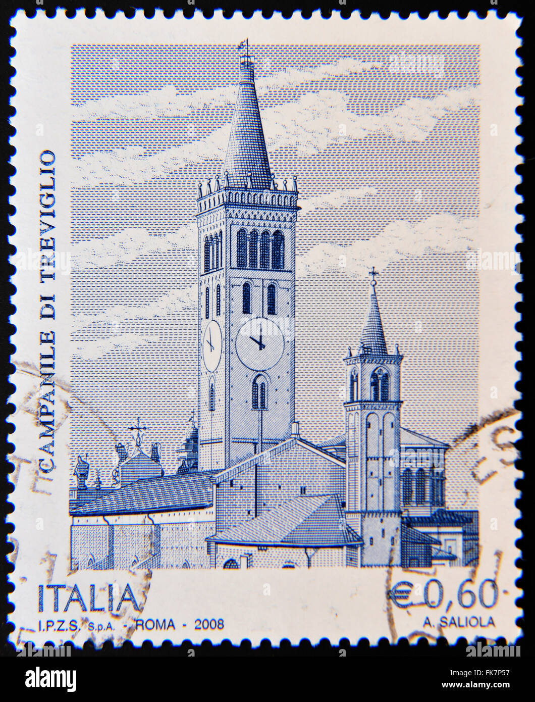 Italie - circa 2008 : timbre imprimé en Italie montre tour de San Martino Treviglio, église (Bergame, Lombardie() circa 2008 Banque D'Images