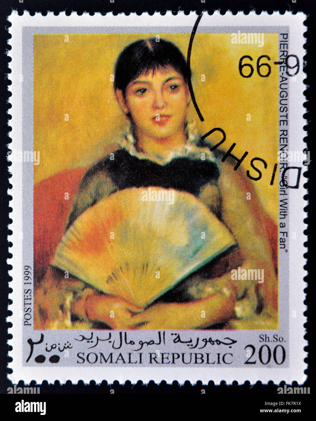 SOMALI - RÉPUBLIQUE VERS 1999 : un timbre imprimé en Somalie montre fille avec un ventilateur de Renoir, vers 1999 Banque D'Images