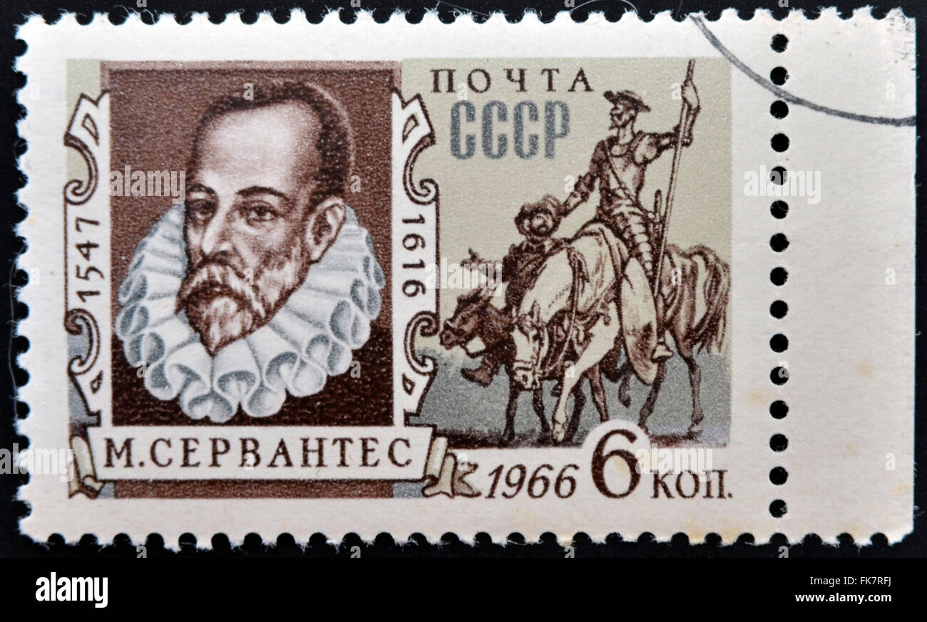 Urss - VERS 1966 : un timbre imprimé en URSS montre Portrait de Miguel de Cervantes Saavedra, l'écrivain espagnol, et Don Quichotte, cria Banque D'Images