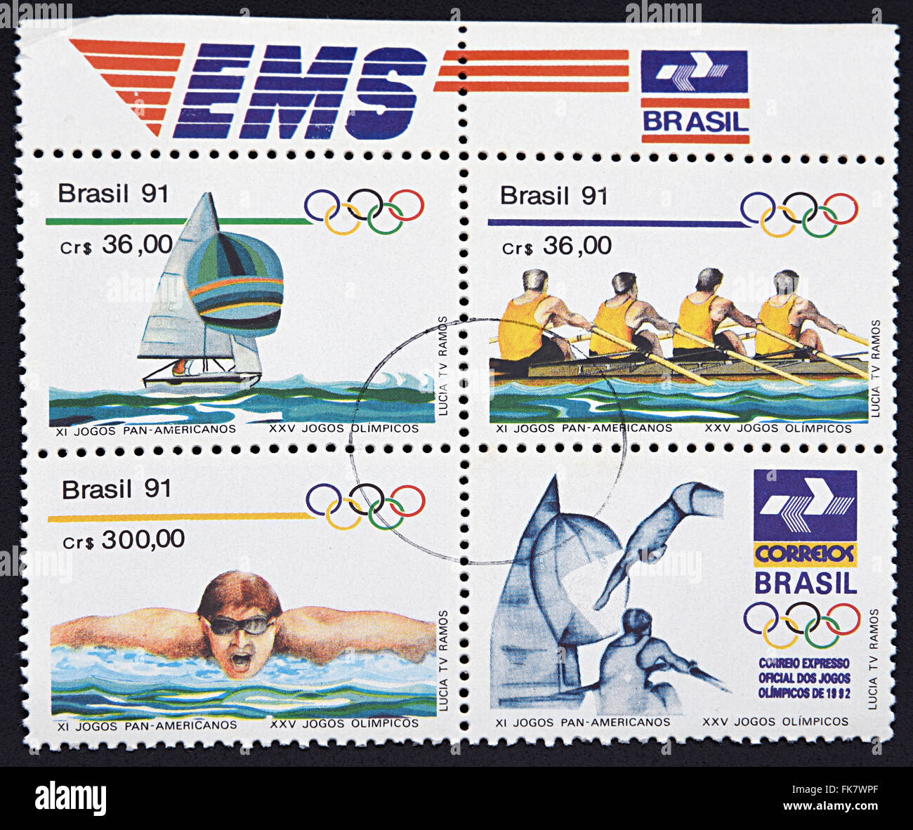 Quatre tampons imprimés au Brésil dédié à l'XI Les Jeux panaméricains et les Jeux Olympiques de 1992 Banque D'Images