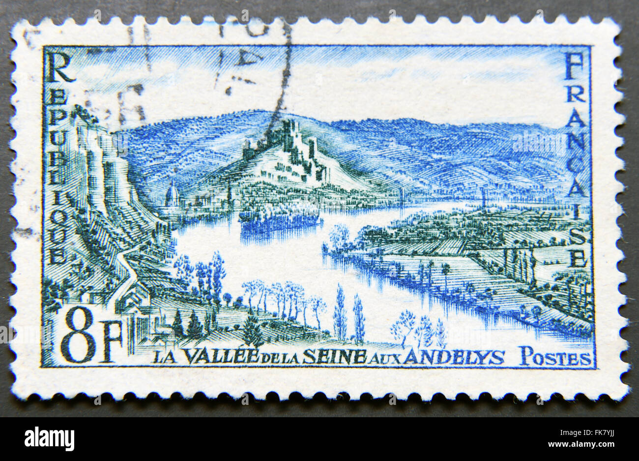 FRANCE - circa 1954 : timbre imprimé en France montre Vallée de la Seine, Les Andelys, vers 1954 Banque D'Images
