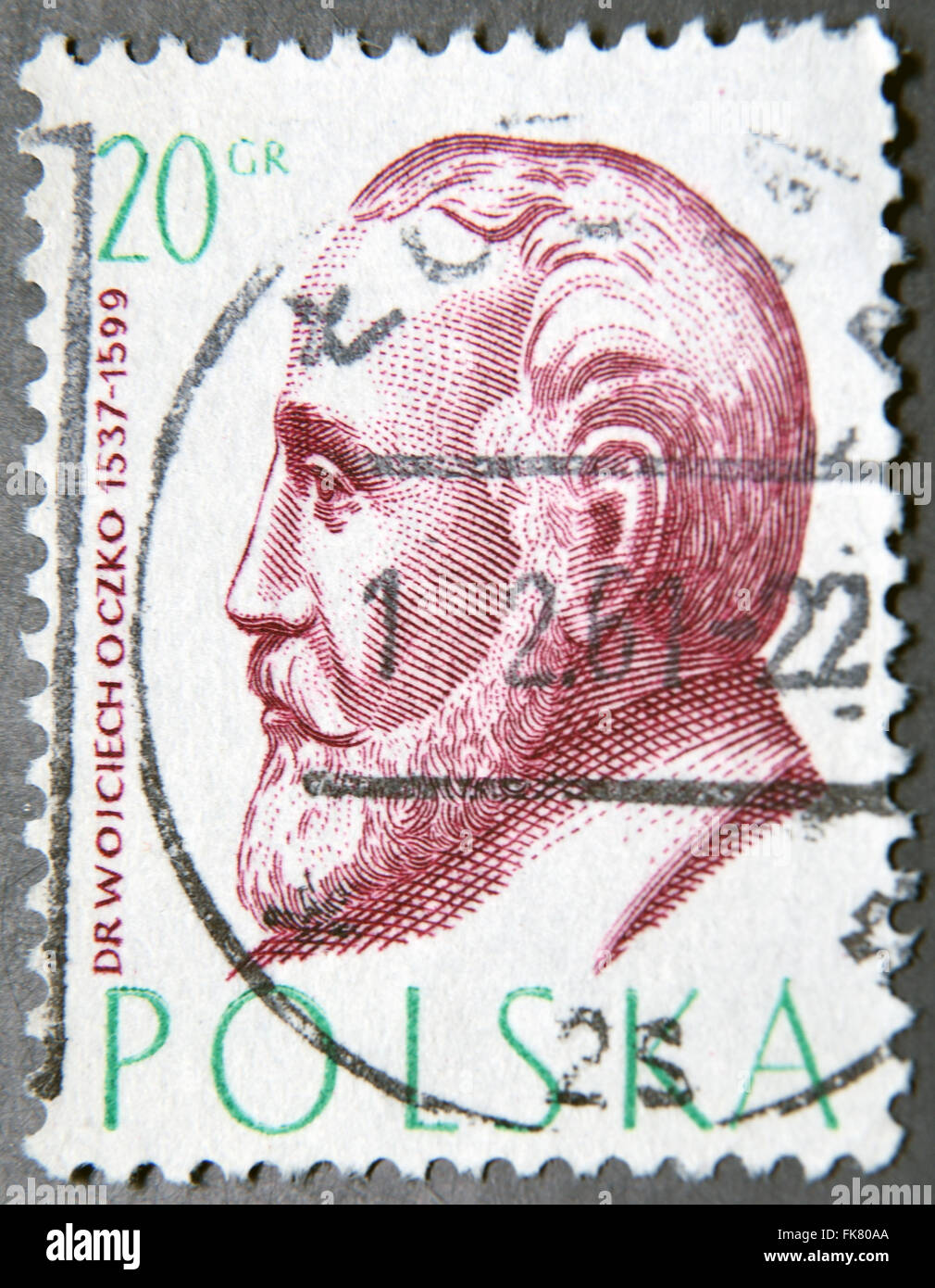 Pologne - VERS 1957 : un timbre-poste de la Pologne montre Wojciech Oczko, philosophe et médecin Banque D'Images