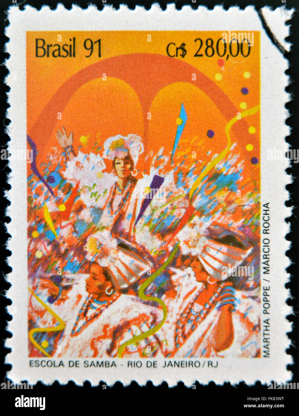 Brésil - circa 1991 : timbre imprimé au Brésil montre l'école de samba à Rio de Janeiro, vers 1991 Banque D'Images