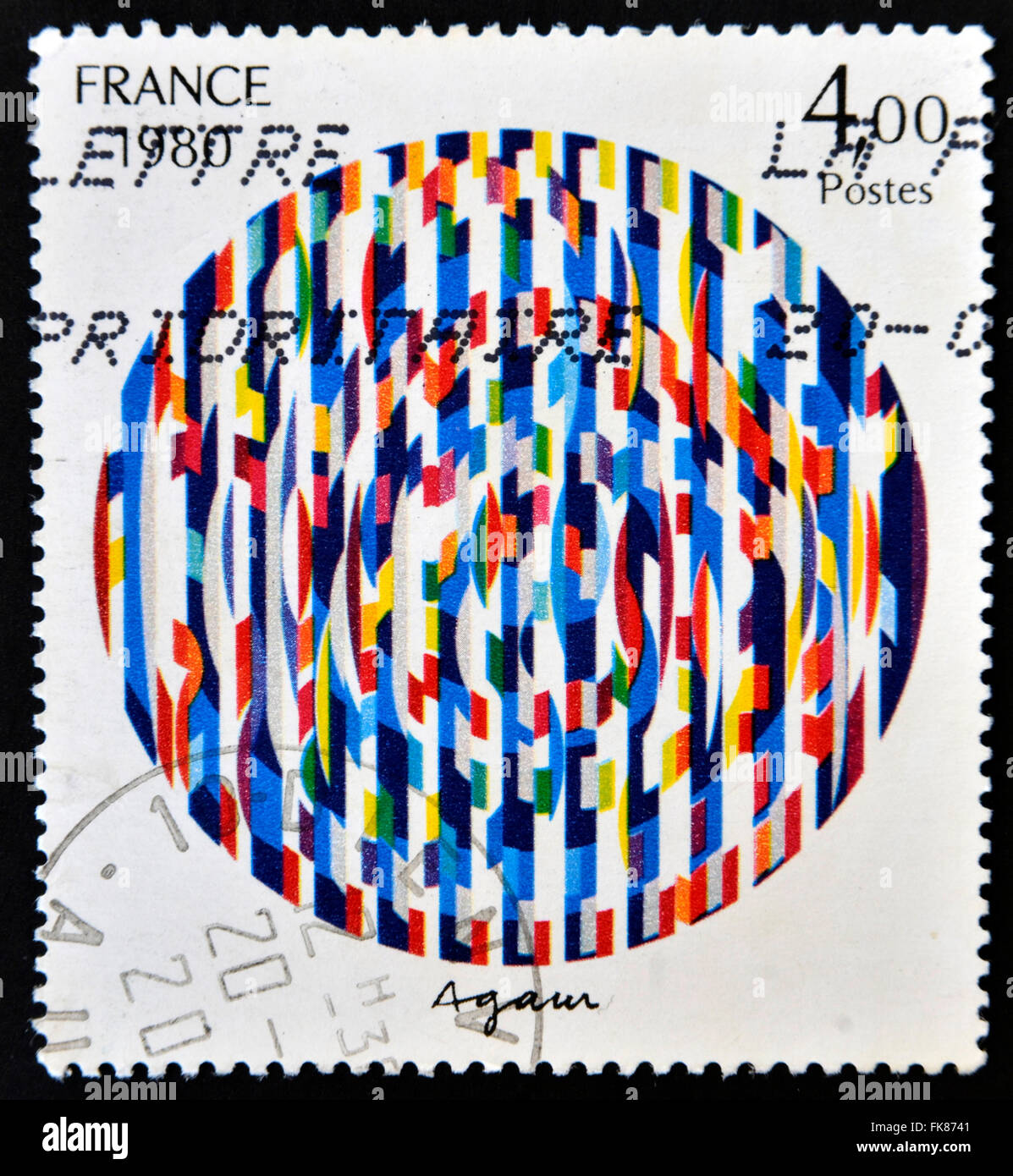 FRANCE - VERS 1980 : un timbre imprimé en France montre un message de paix, la peinture de Yaacov Agam, vers 1980 Banque D'Images