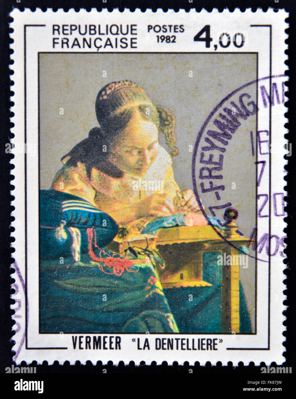 FRANCE - VERS 1982 : un timbre imprimé en France montre la dentellière, peinture de Vermeer, vers 1982 Banque D'Images