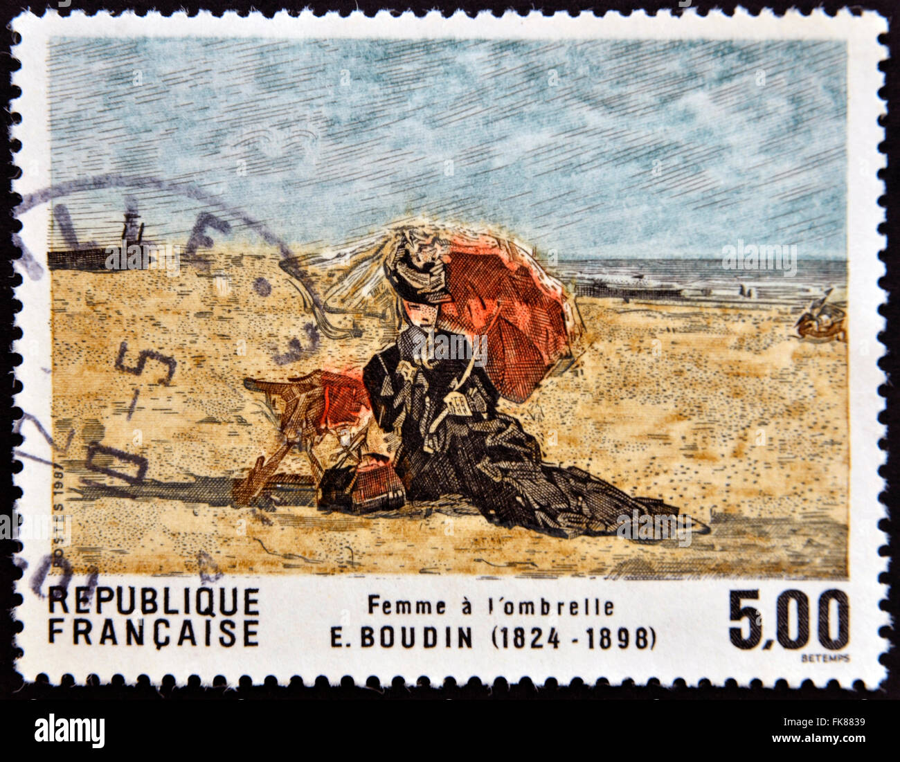 FRANCE - circa 1987 : timbre imprimé en France montre femme avec parapluie par Boudin, vers 1987 Banque D'Images