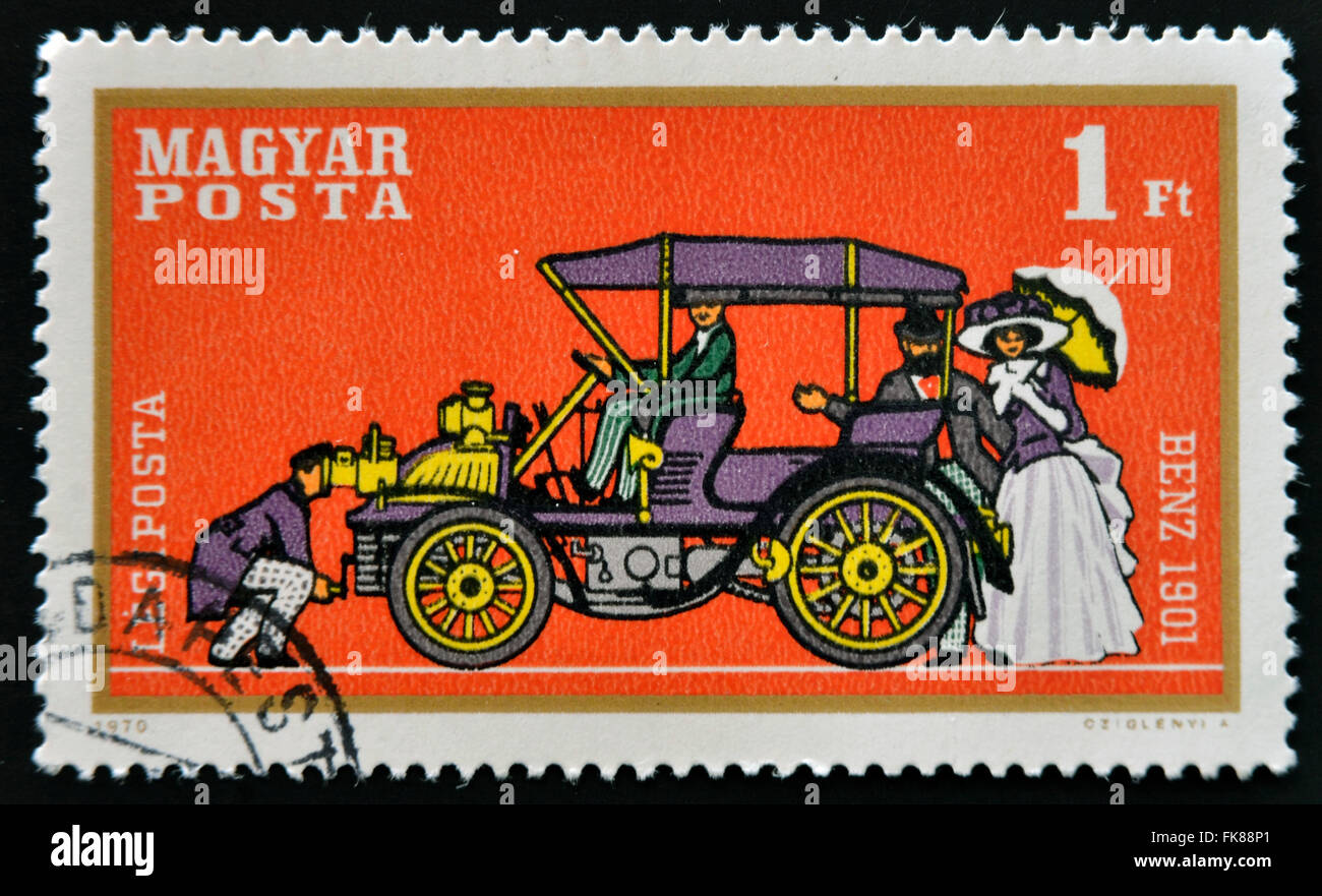 Hongrie - circa 1970 : timbres en voiture rétro show faim, Benz 1901, vers 1970. Banque D'Images
