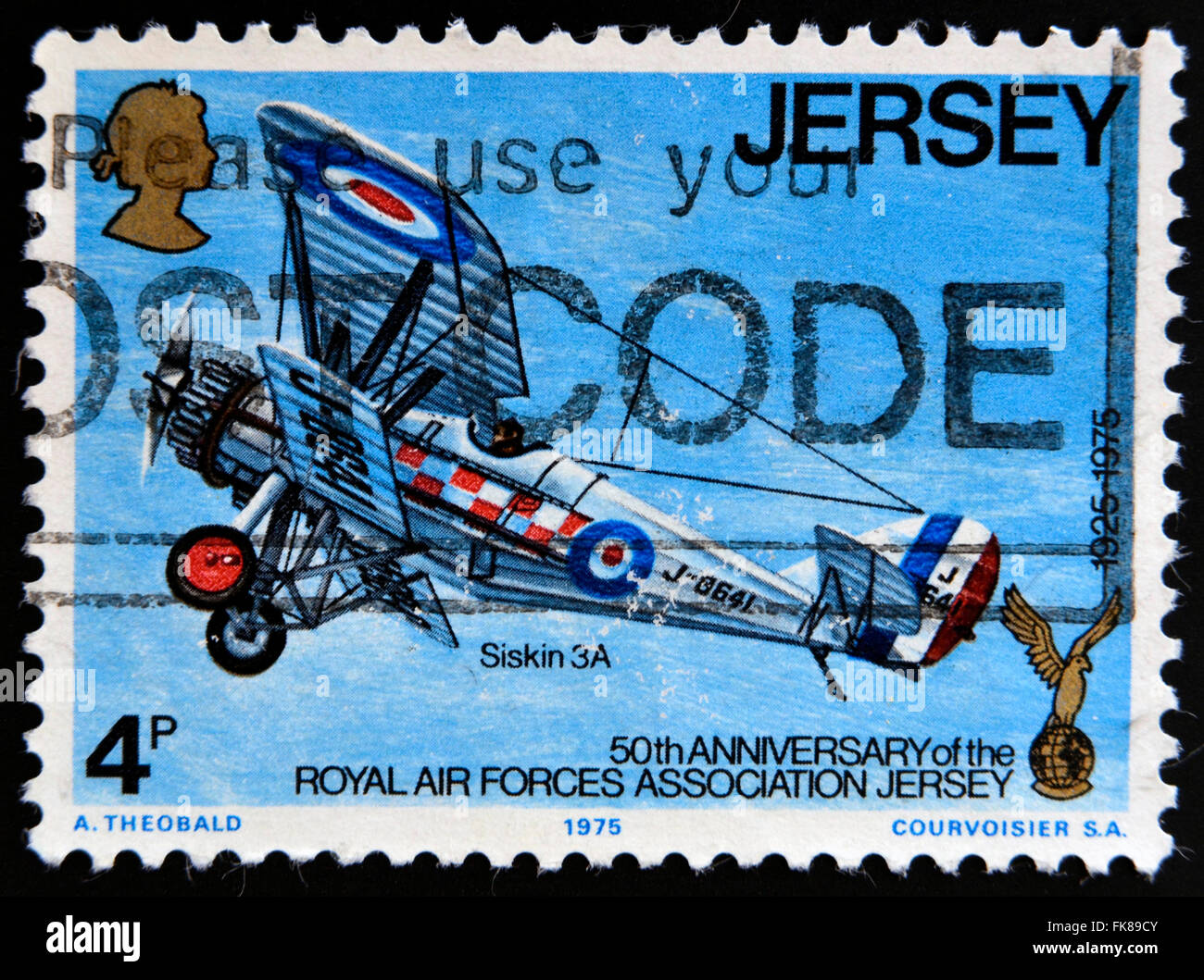 JERSEY - circa 1975 : timbre imprimé en jersey 3Siskin montre un avion, circa 1975 Banque D'Images