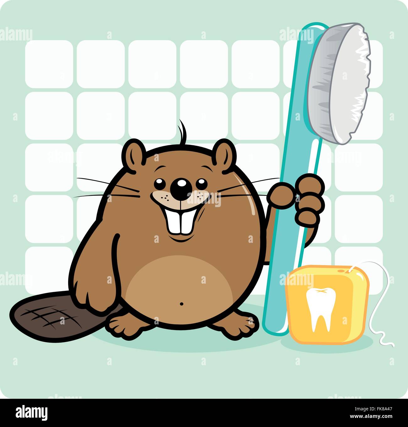 Cartoon castor tenant une brosse à dents et la soie dentaire Illustration de Vecteur