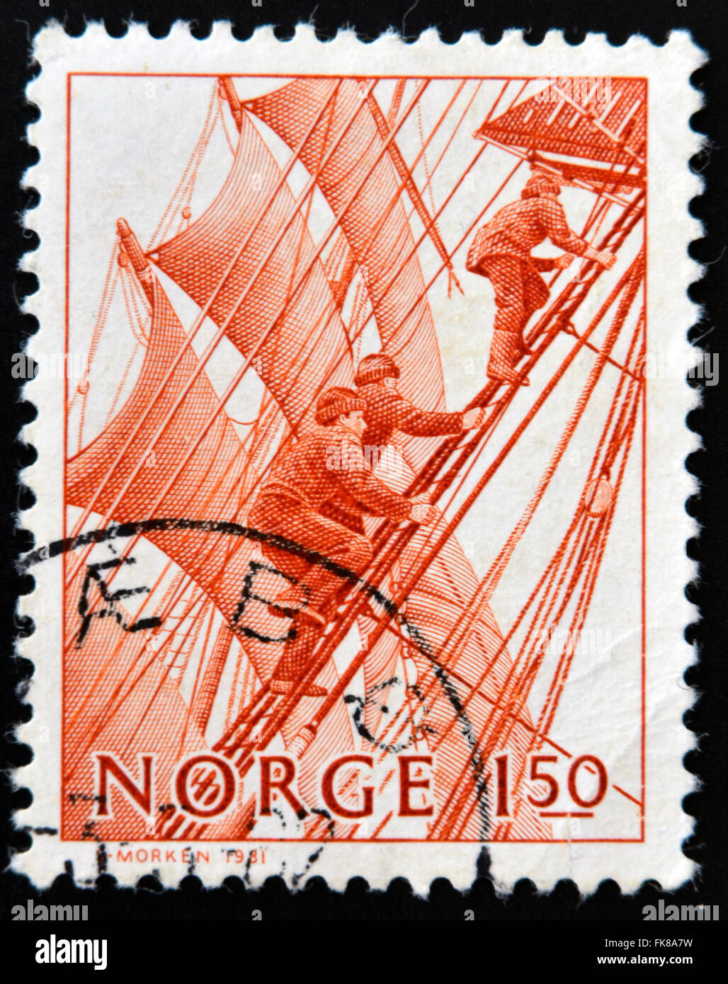 Norvège - circa 1981 : timbre imprimé en Norvège montre l'escalade les gréements à voilier, vers 1981 Banque D'Images
