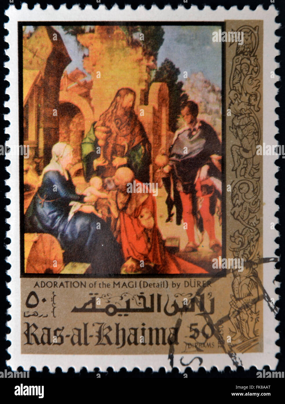 RAS AL KHAIMA, ÉMIRATS ARABES UNIS, vers 1970 : stamp indique 'Adoration des Mages" (détail) Peinture de Dürer, vers 1970 Banque D'Images