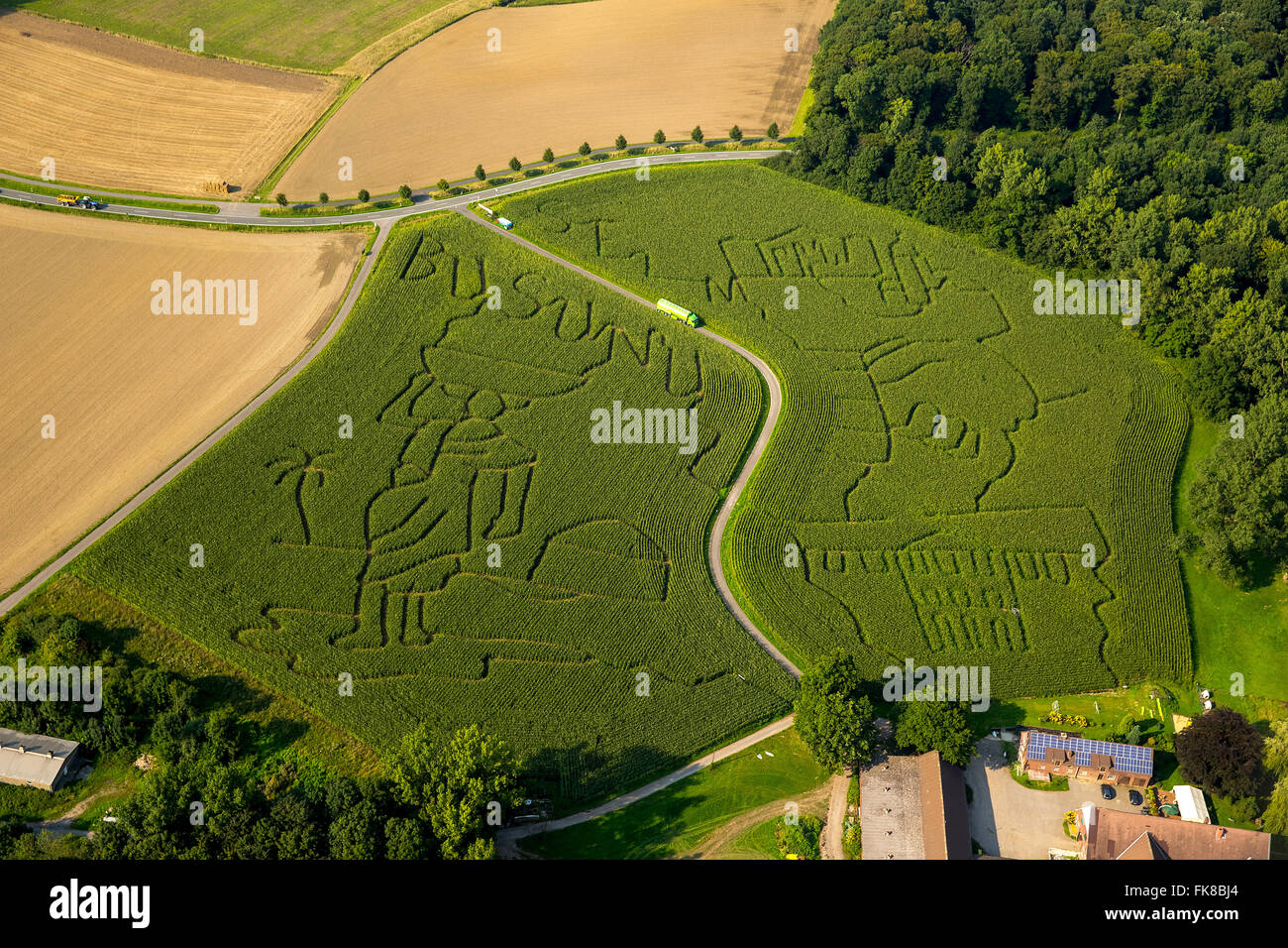 Vue aérienne, labyrinthe dans Mausfeld, Lünen, de l'agriculture, de la Ruhr, en Rhénanie du Nord-Westphalie, Allemagne Banque D'Images