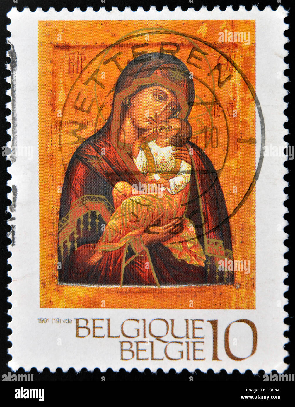 Belgique - circa 1991 : timbre imprimé en Belgique montre icône de Vierge et l'enfant, l'abbaye de Chevetogne, vers 1991 Banque D'Images