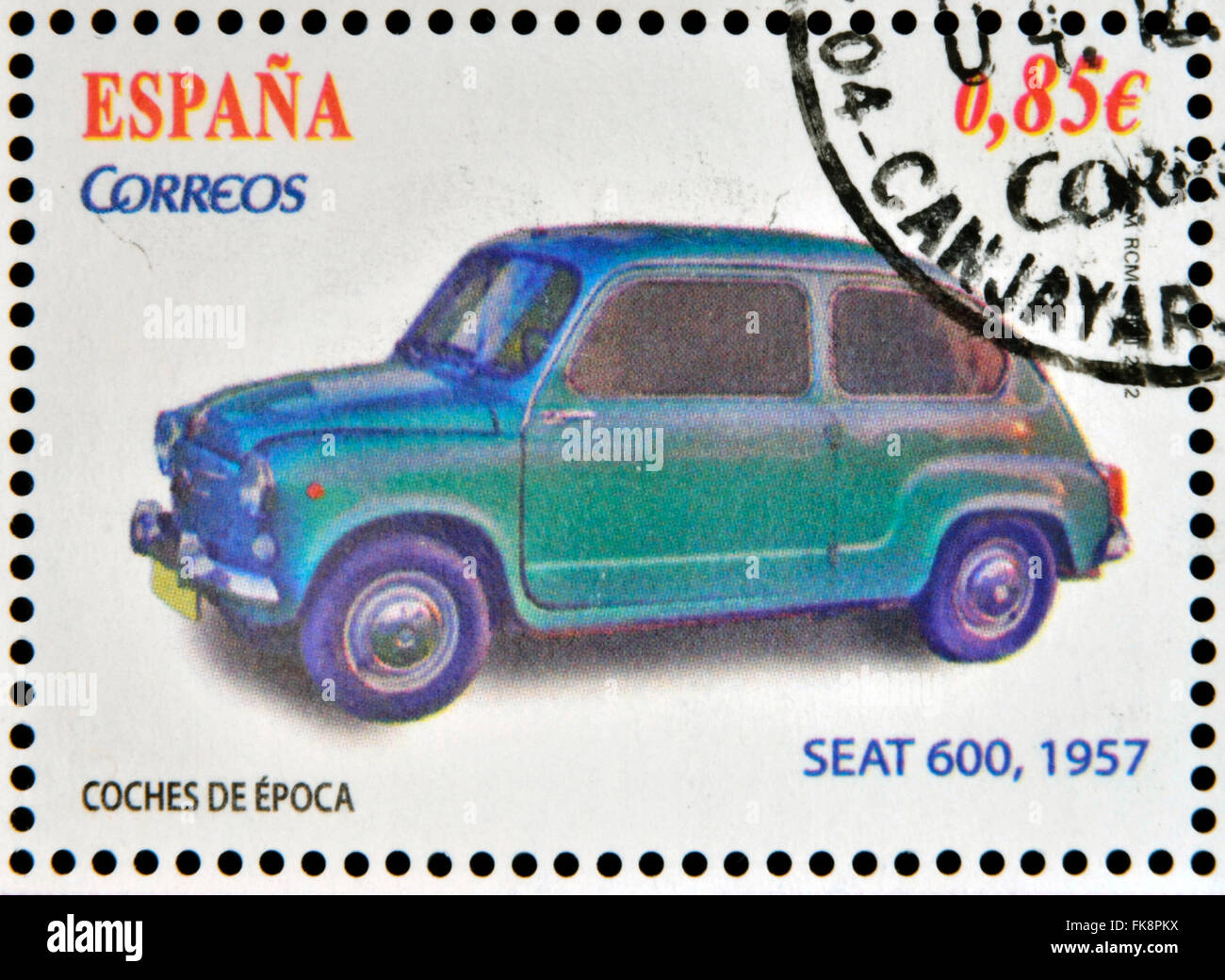 Espagne - circa 2012 : tampons imprimés en Espagne dédié à voiture classique, montre, 1957 600 siège, vers 2012 Banque D'Images