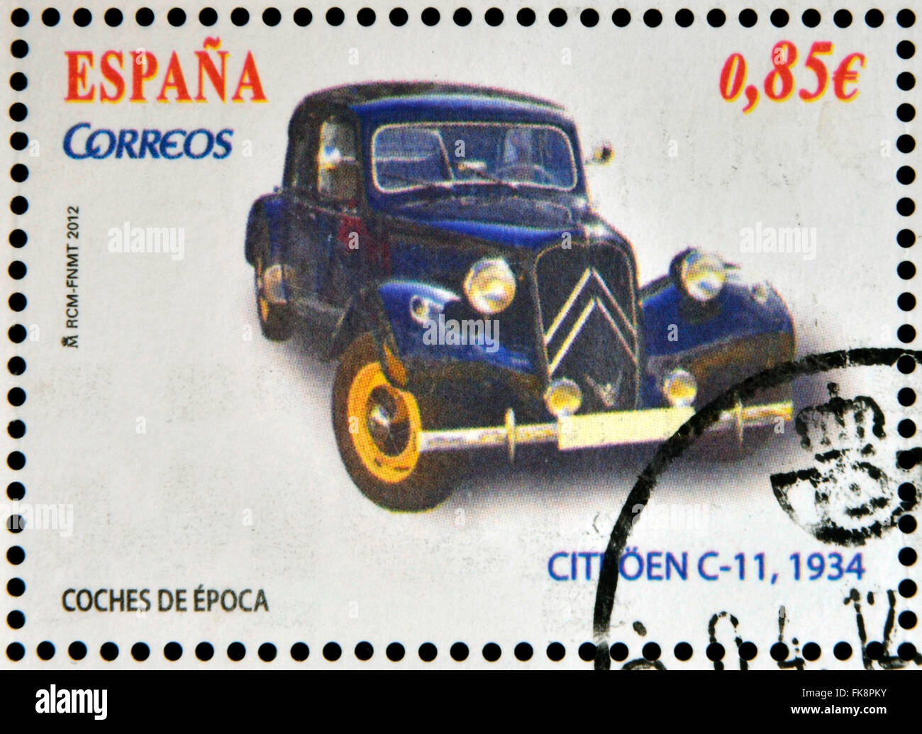 Espagne - circa 2012 : tampons imprimés en Espagne dédié à voiture classique, montre citroen c-11, 1934, vers 2012 Banque D'Images
