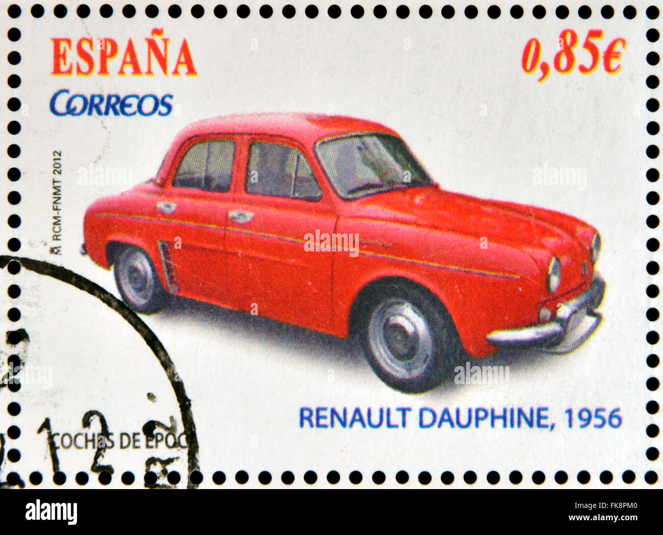 Espagne - circa 2012 : tampons imprimés en Espagne dédié à voiture classique, Renault Dauphine, 1956 montre, vers 2012 Banque D'Images